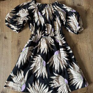 Kate Spade Falling Flowers Black Purple and Cream mini Dress with pockets sz XS